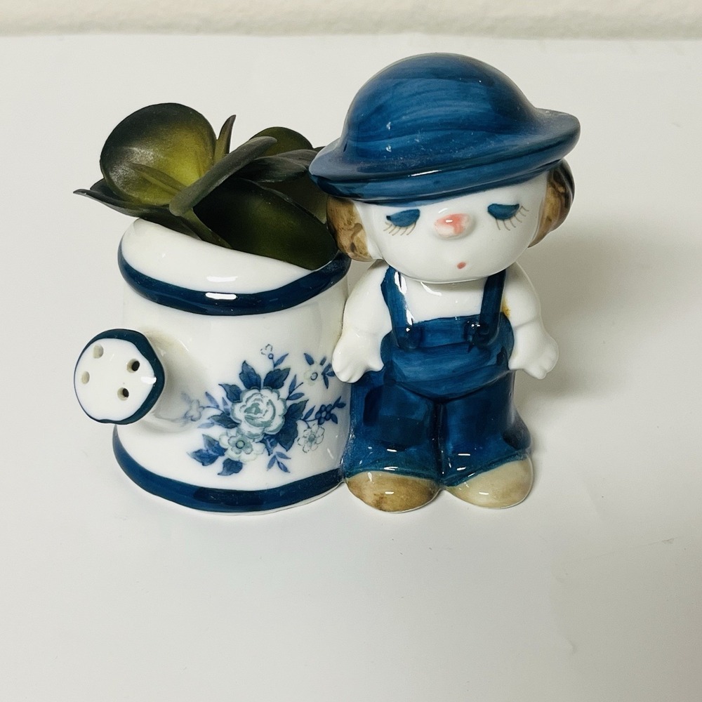 Vintage Boy In Blue Hat &‎ Suspenders w/ Watering Can Miniature Planter Vase
